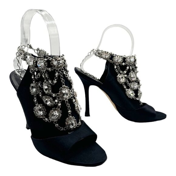 Manolo Blahnik Satin Crystal Embellished Sandal Heels - Picture 6 of 14